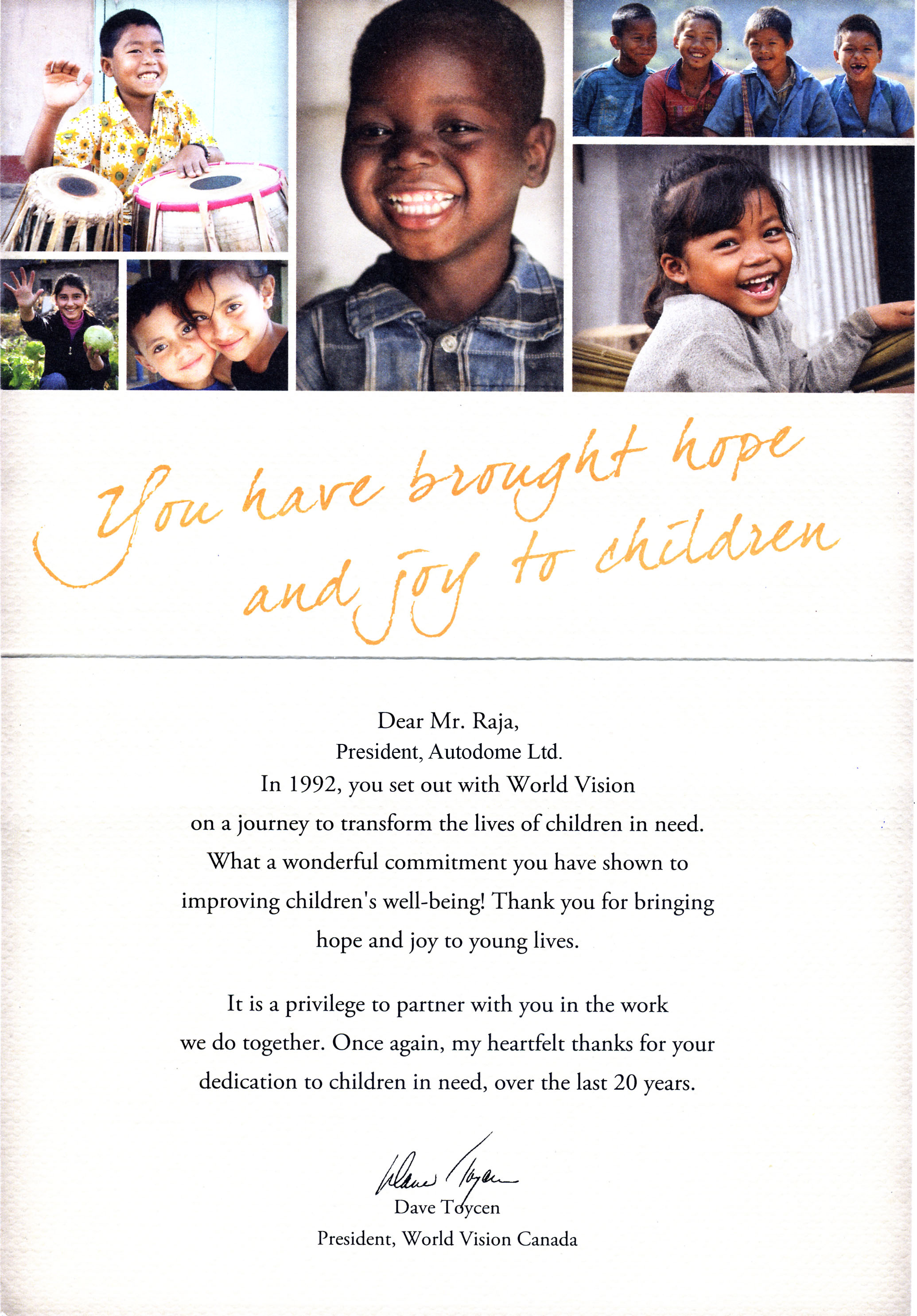 World Vision Canada Thank you letter to Autodome
